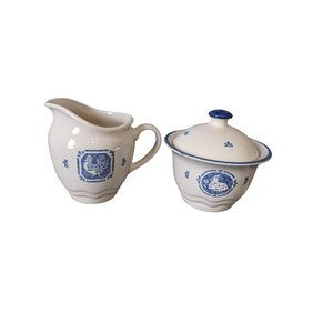 Maison Blue by PFALTZGRAFF cream and covered sugar bowl set blue white Rooster